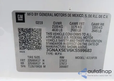 2019 Chevrolet Equinox Ls z USA, uszkodzony, nr VIN 3GNAXSEV6KS599683